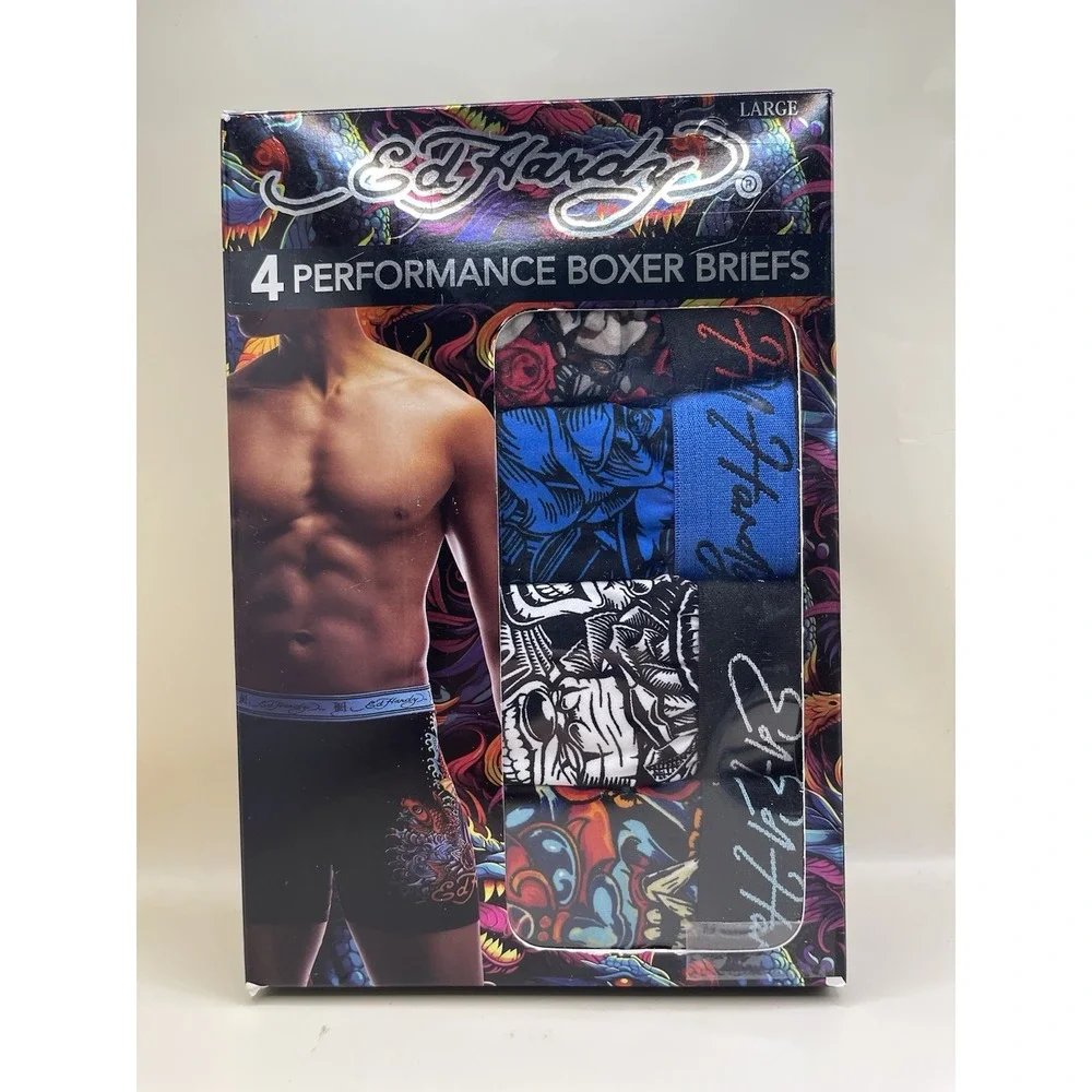 Ed Hardy Men's Performance Boxer Briefs 4 Pack Size Large New